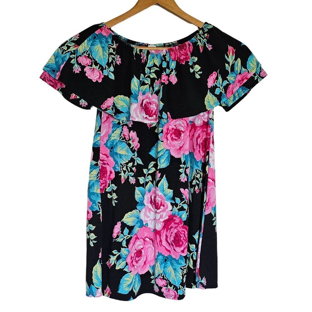 Black and Pink Floral Off the Shoulder Midi Dress Womens Size S Bump Friendly